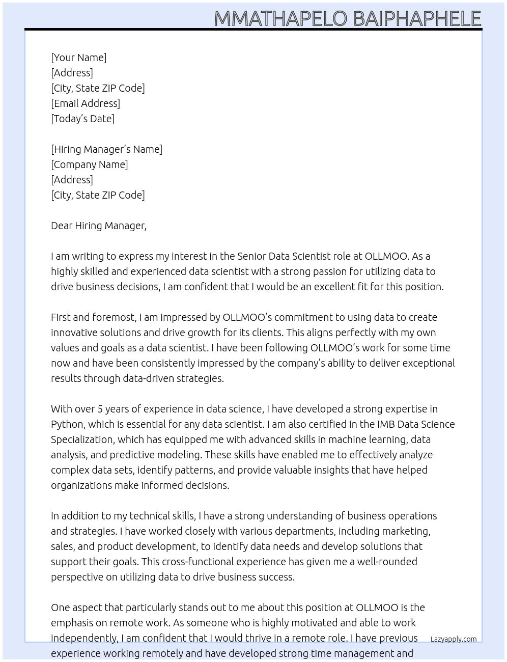 Senior Data Scientist At OLLMOO Cover Letter