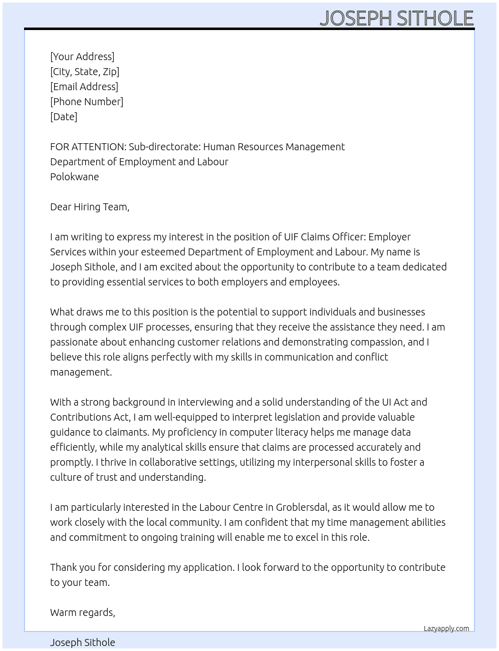 UIF Claims Officer: Employer Services At Department of Employment and Labour Cover Letter