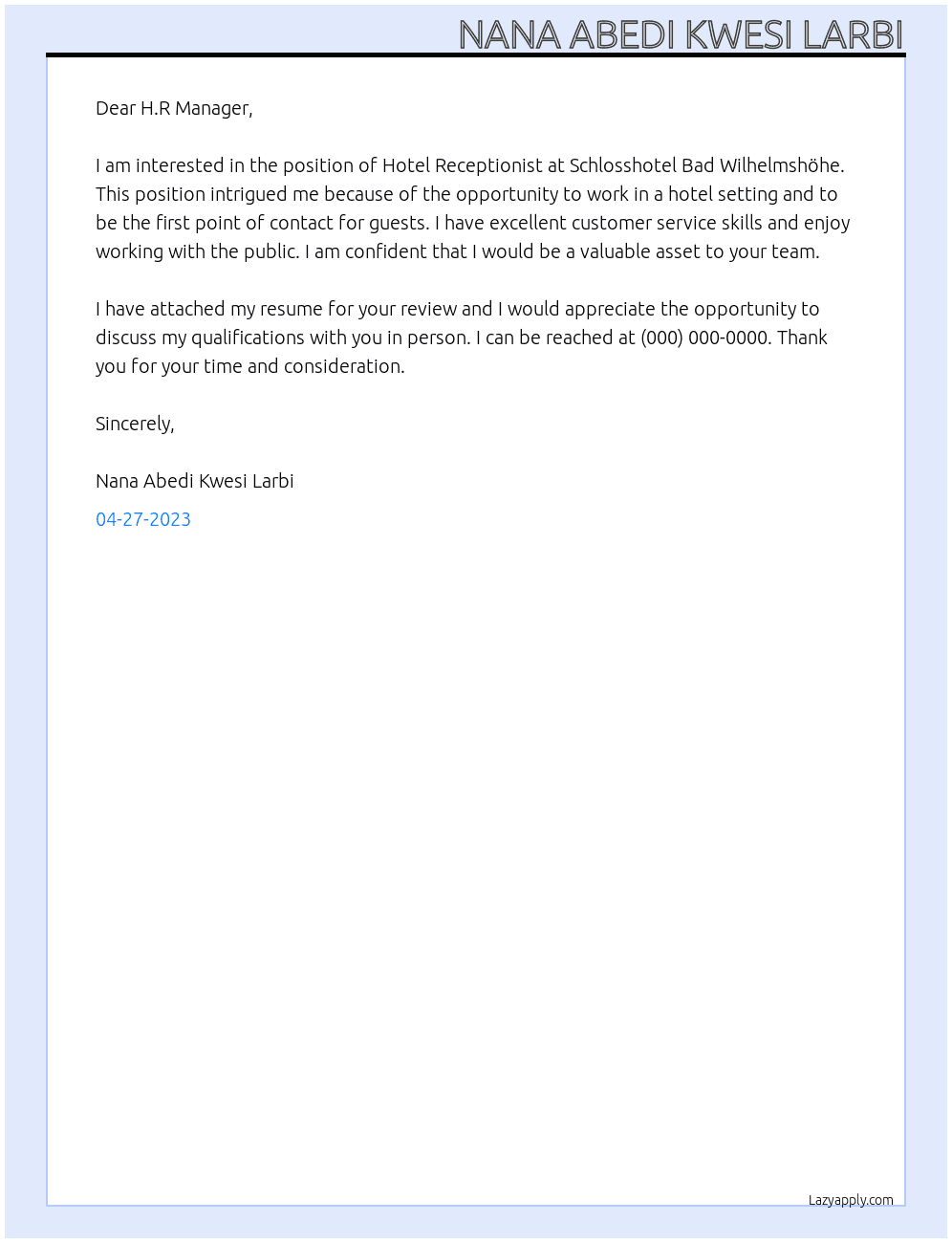 Hotel Receptionist At Schlosshotel Bad Wilhelmshöhe Cover Letter