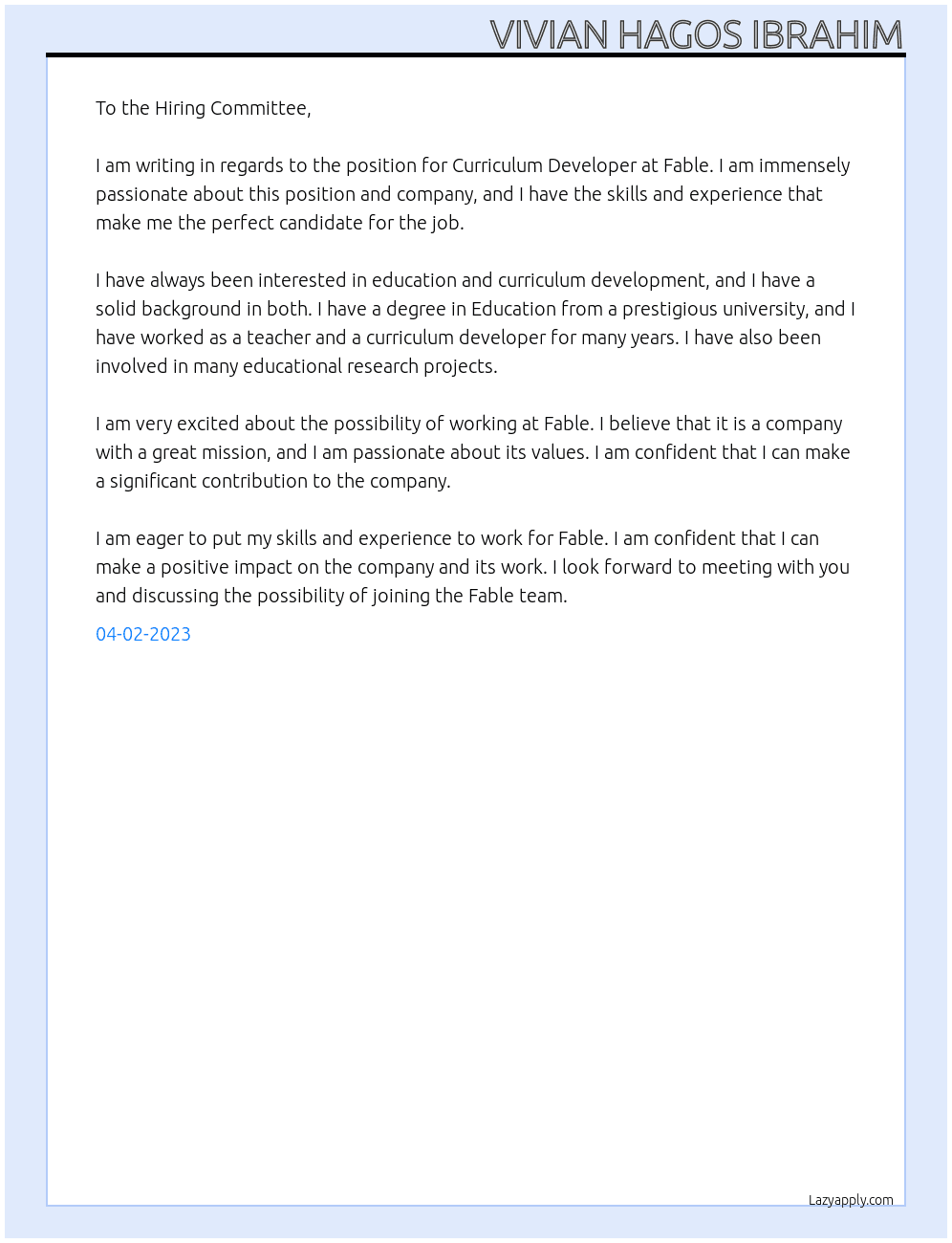 Curriculum Developer At Fable Cover Letter