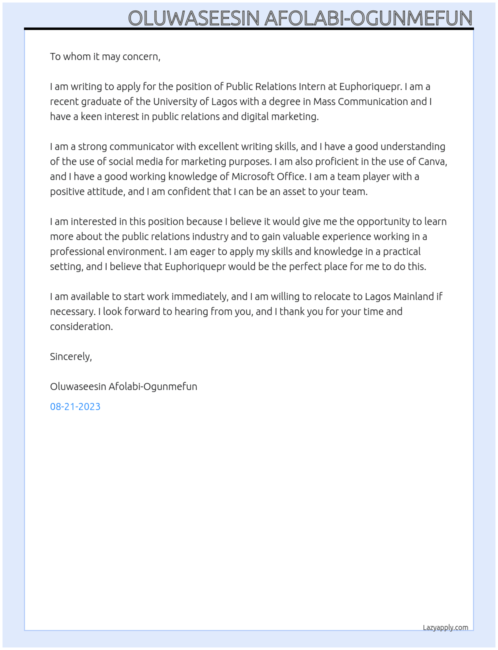 Public Relations Intern At Euphoriquepr Cover Letter