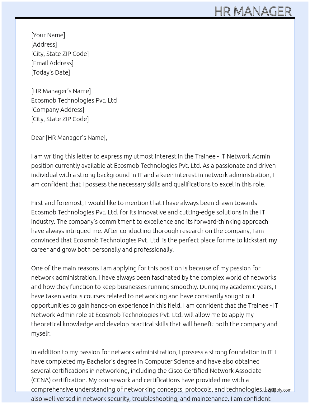 Trainee - IT Network Admin At Ecosmob Technologies Pvt.Ltd Cover Letter