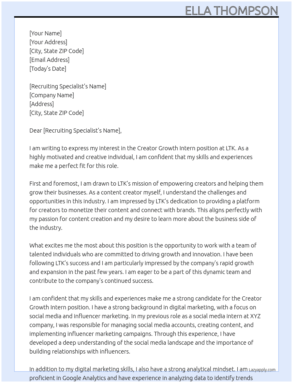 Creator Growth Intern At LTK Cover Letter