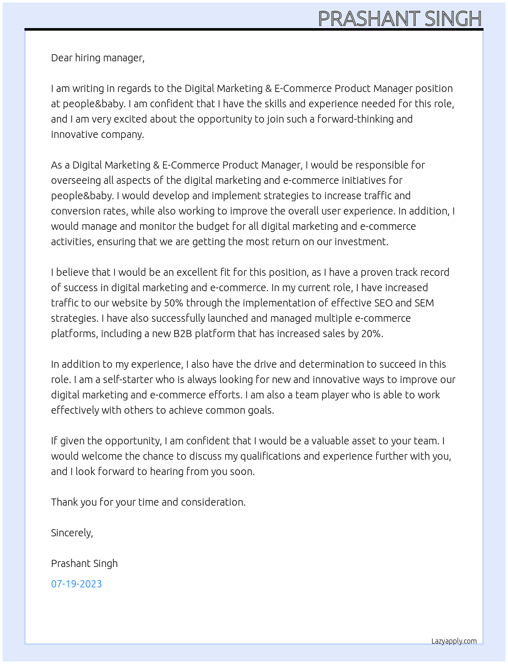 Digital Marketing & E-Commerce Product Manager At people&baby Cover Letter