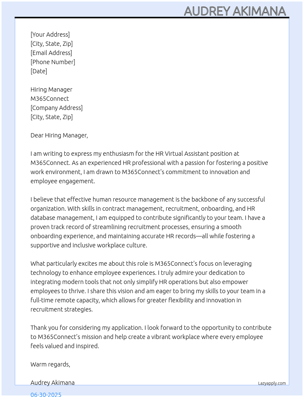 HR virtual Assistant  At M365Connect  Cover Letter