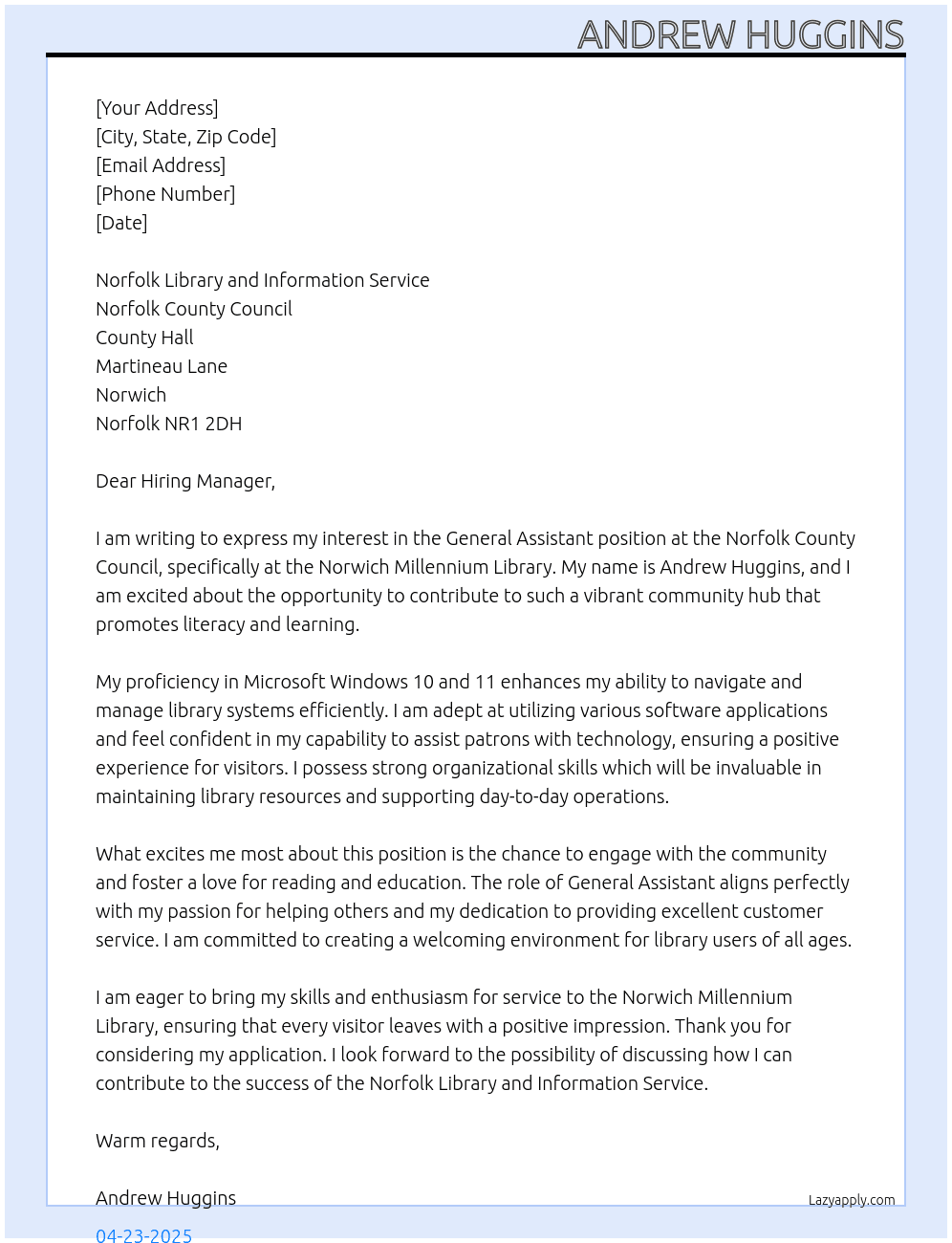 General assistant  At Norfolk County council Cover Letter