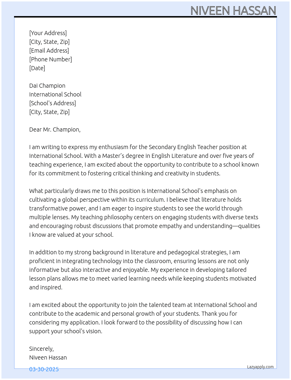 Cover letter for secondary english teacher - LazyApply