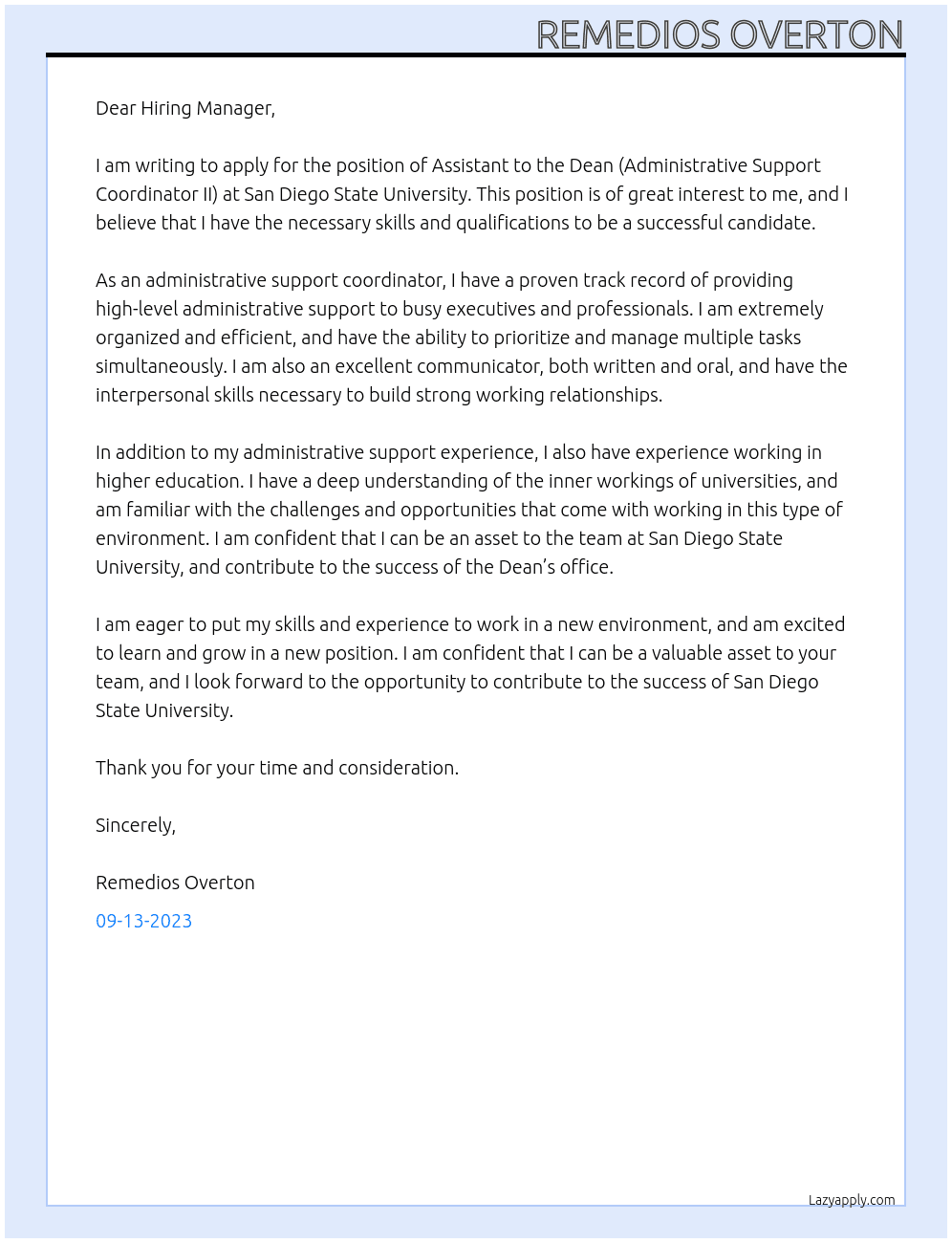 Assistant to the Dean (Administrative Support Coordinator II)  At San Diego State University Cover Letter