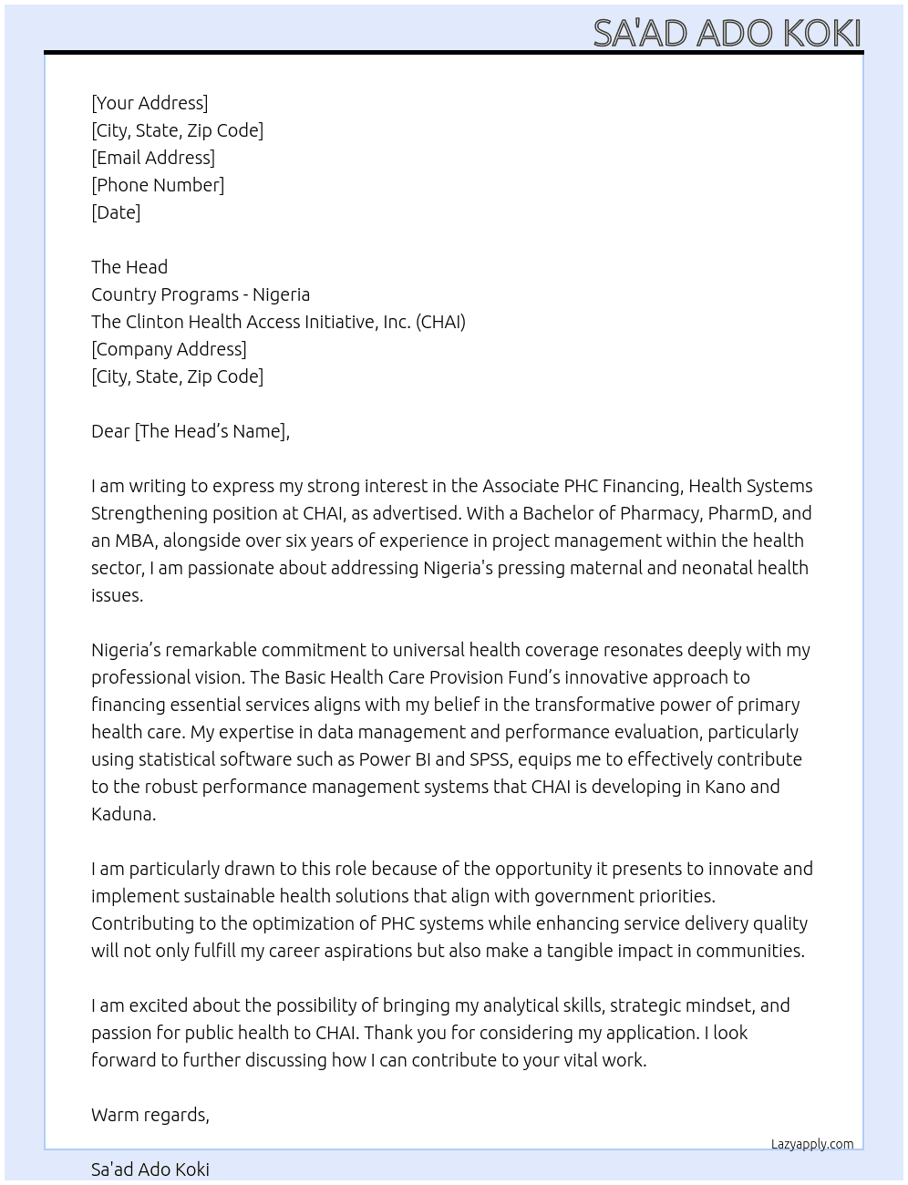 Cover letter for associate phc financing, health systems strengthening - LazyApply