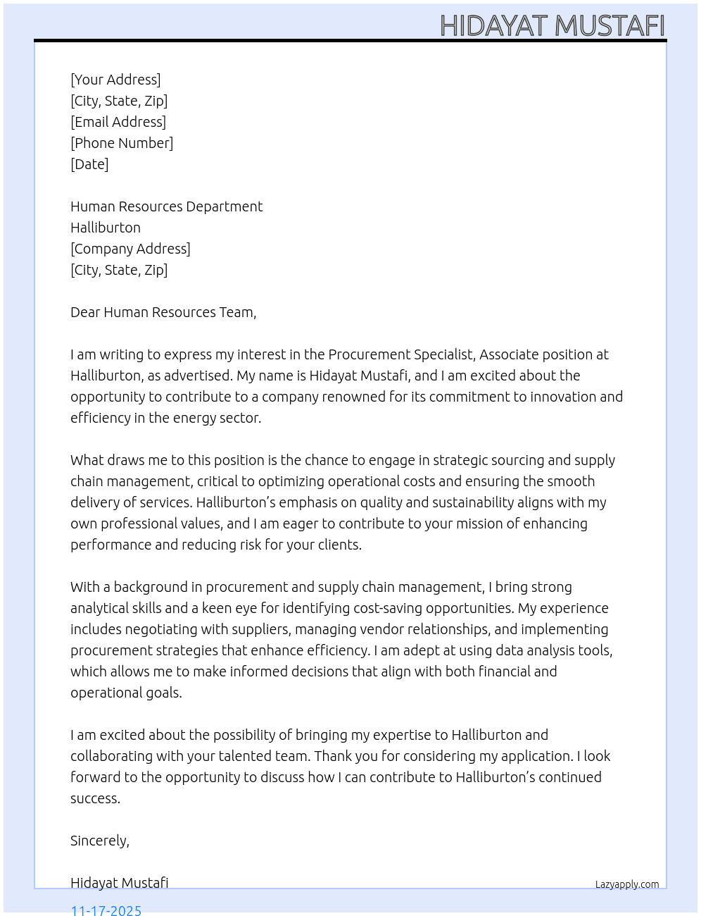 Cover letter for procurement specialist, associate - LazyApply