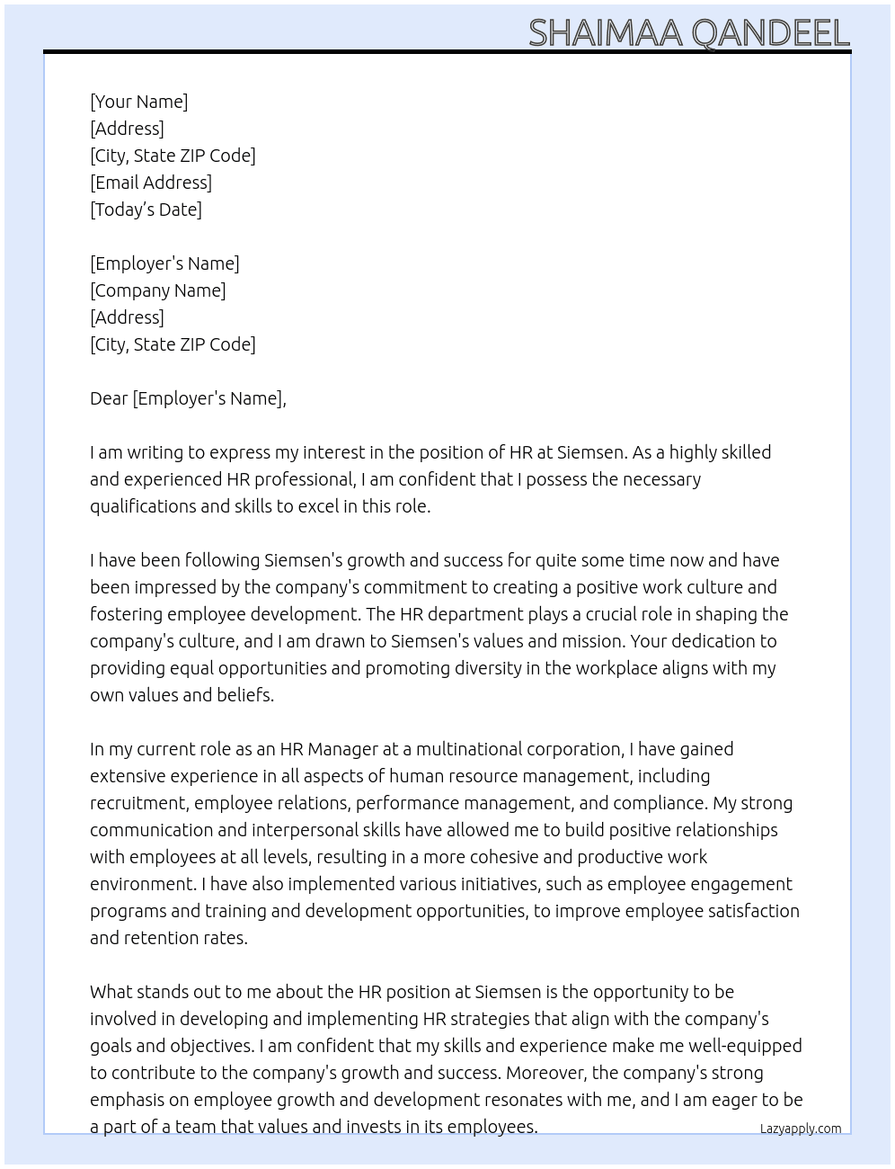 HR At Siemsen Cover Letter