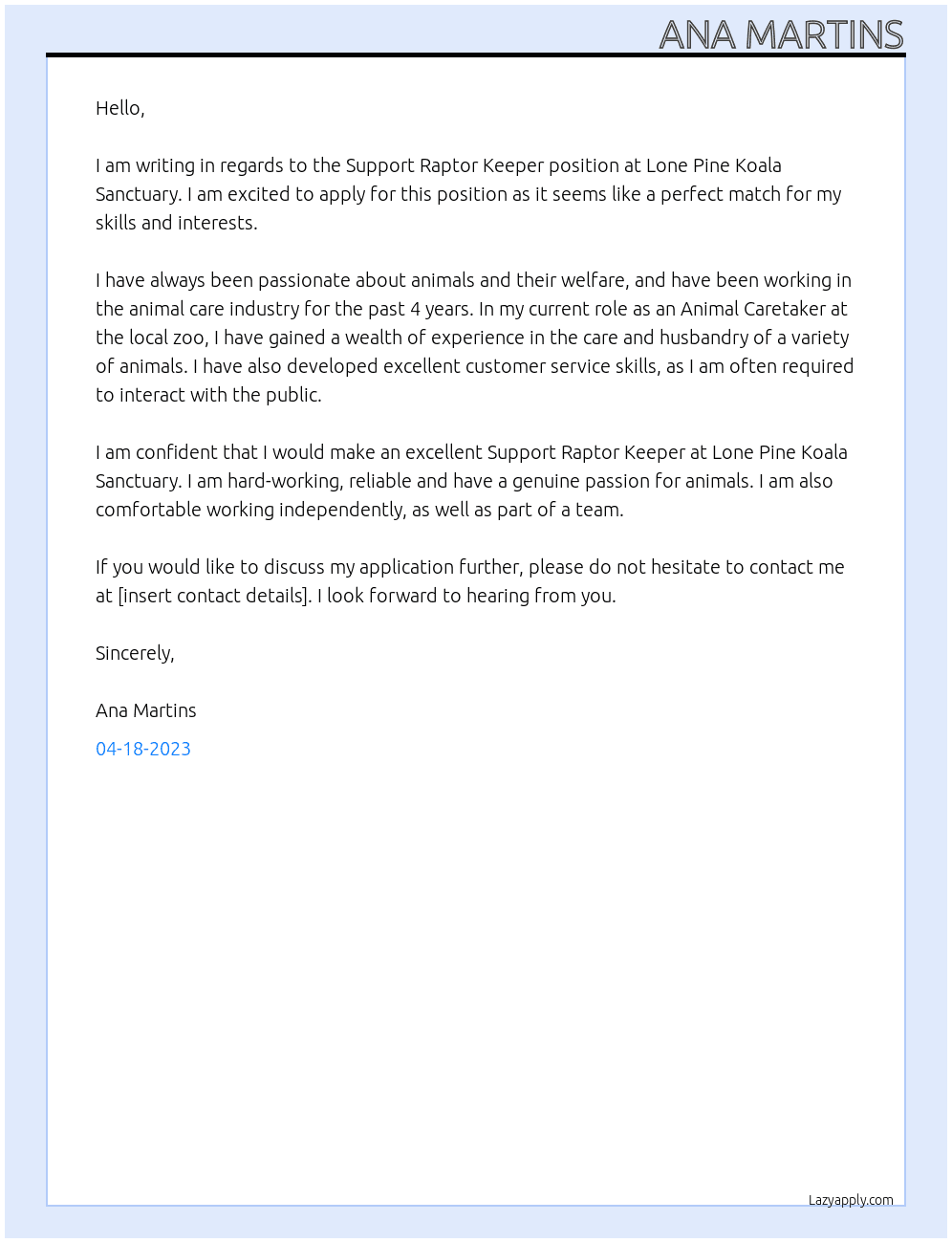Support Raptor Keeper At Lone Pine Koala Sanctuary Cover Letter