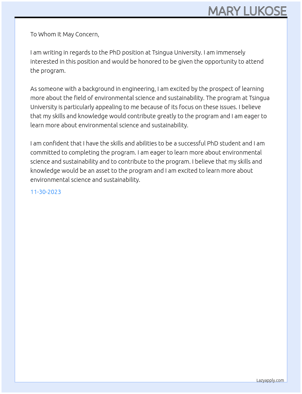 phd application At Tsingua University Cover Letter