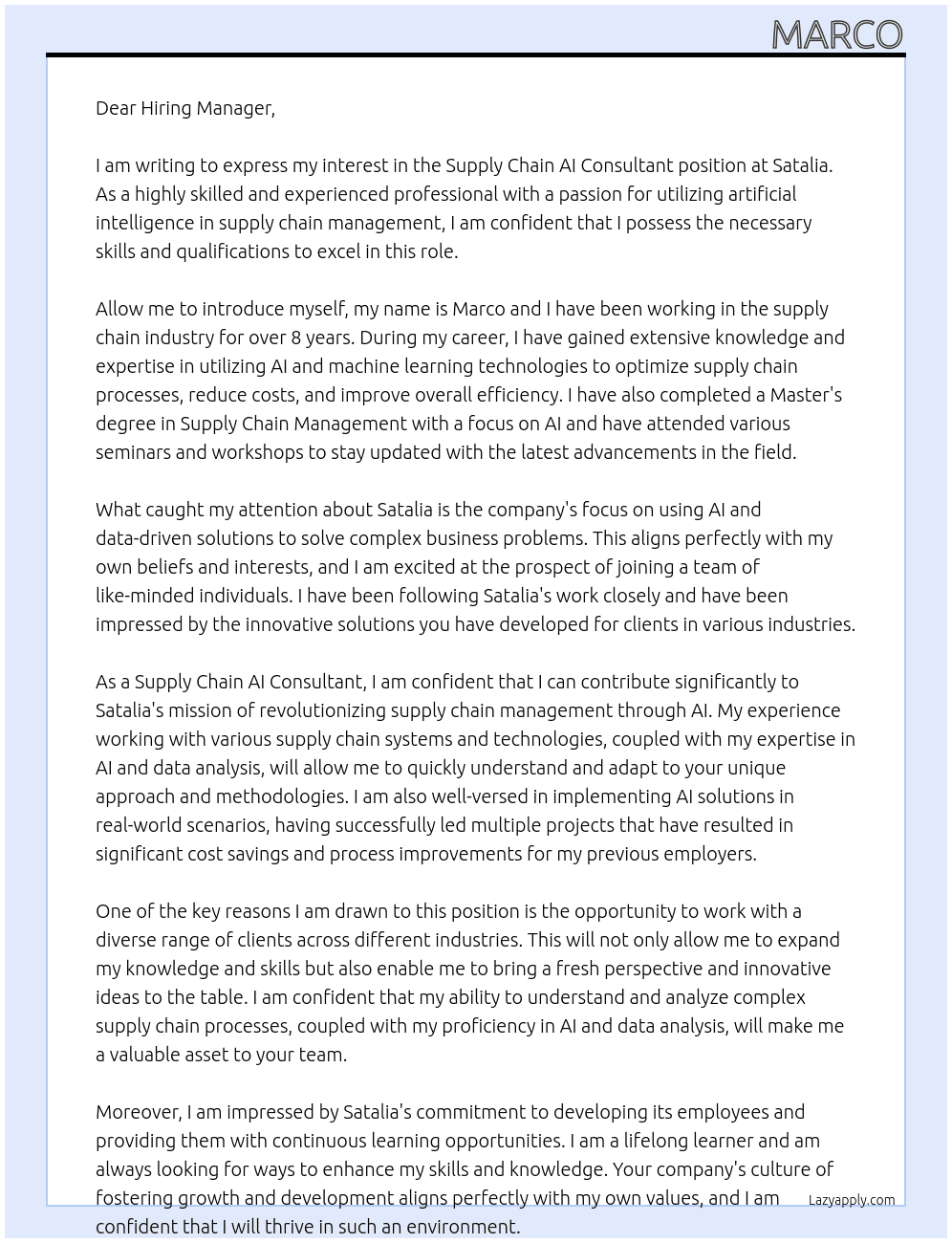 Supply Chain AI Consultant At Satalia Cover Letter