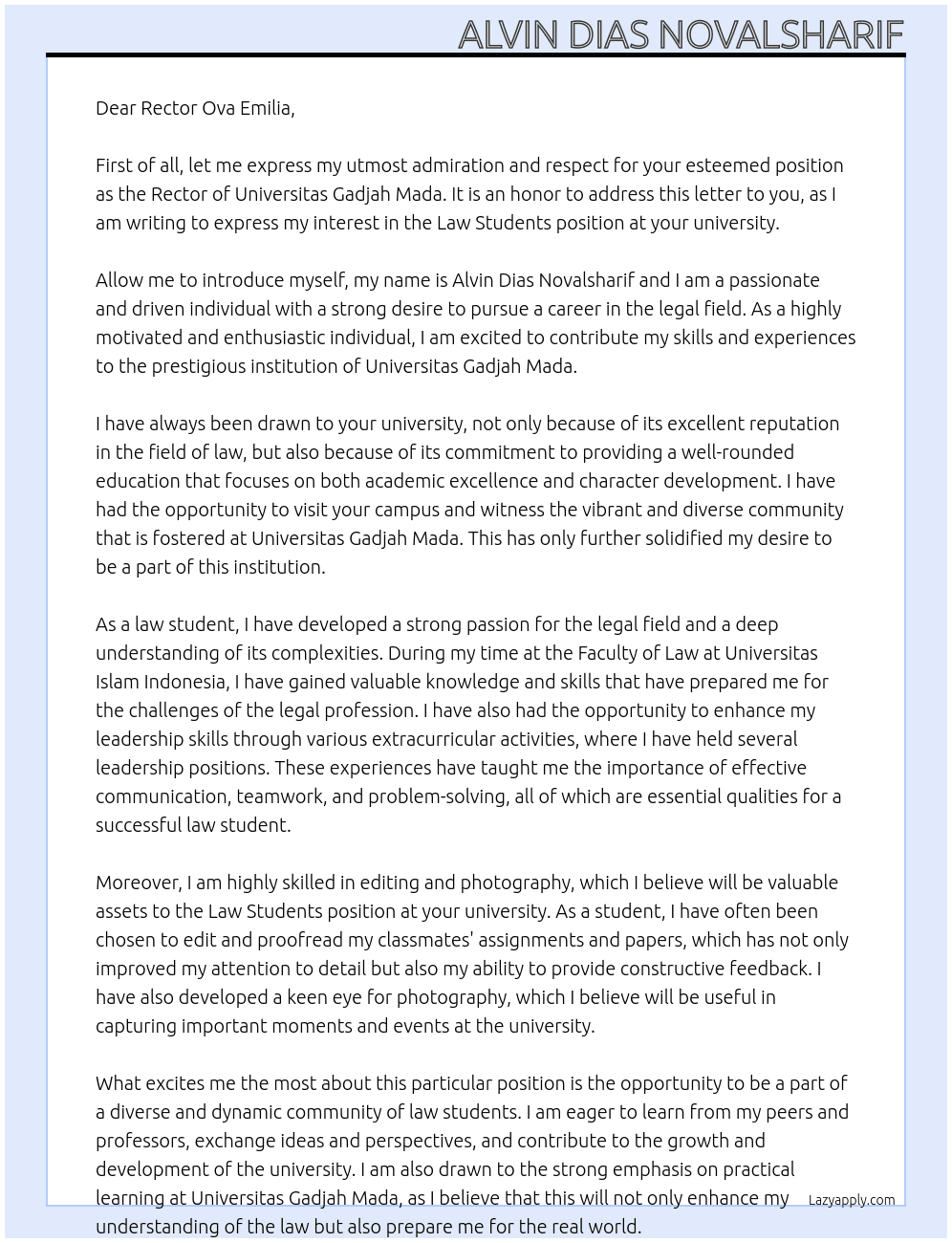 law students At Universitas Gadjah Mada Cover Letter