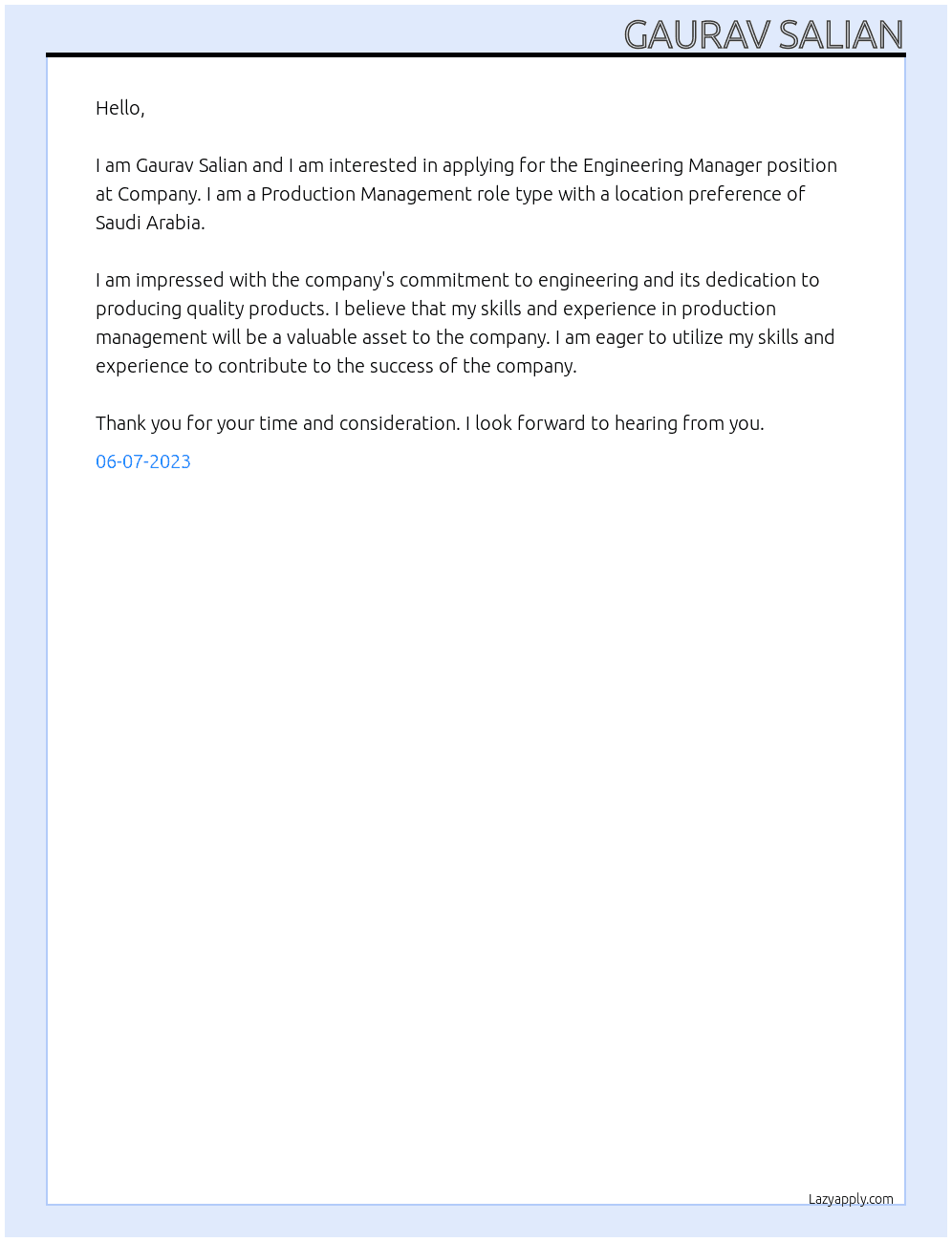 Engineering Manager At Company Cover Letter