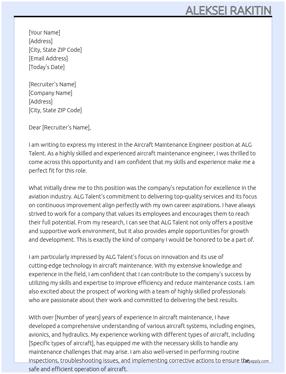 Aircraft Maintenance Engineer At ALG Talent Cover Letter