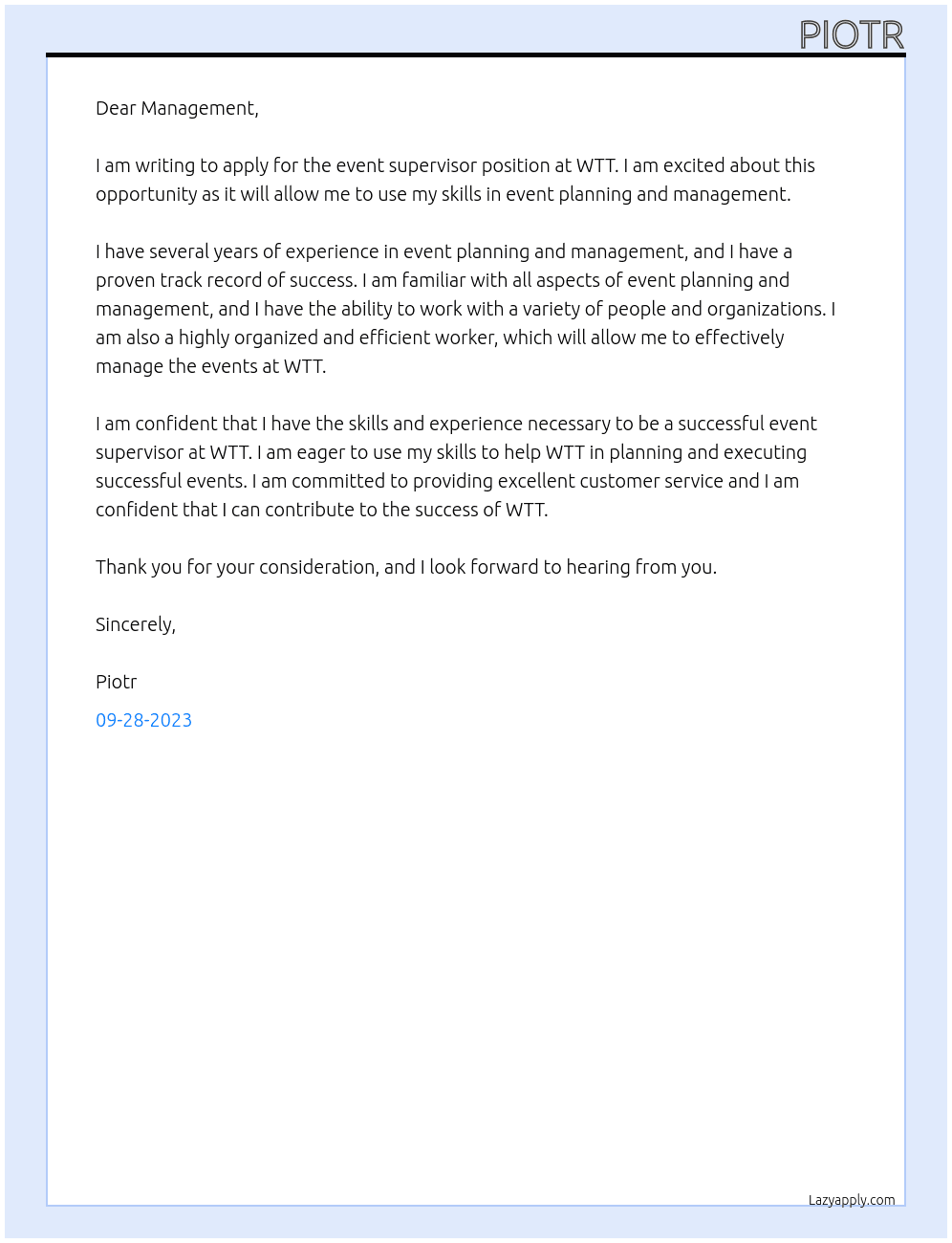 event supervisor At WTT Cover Letter
