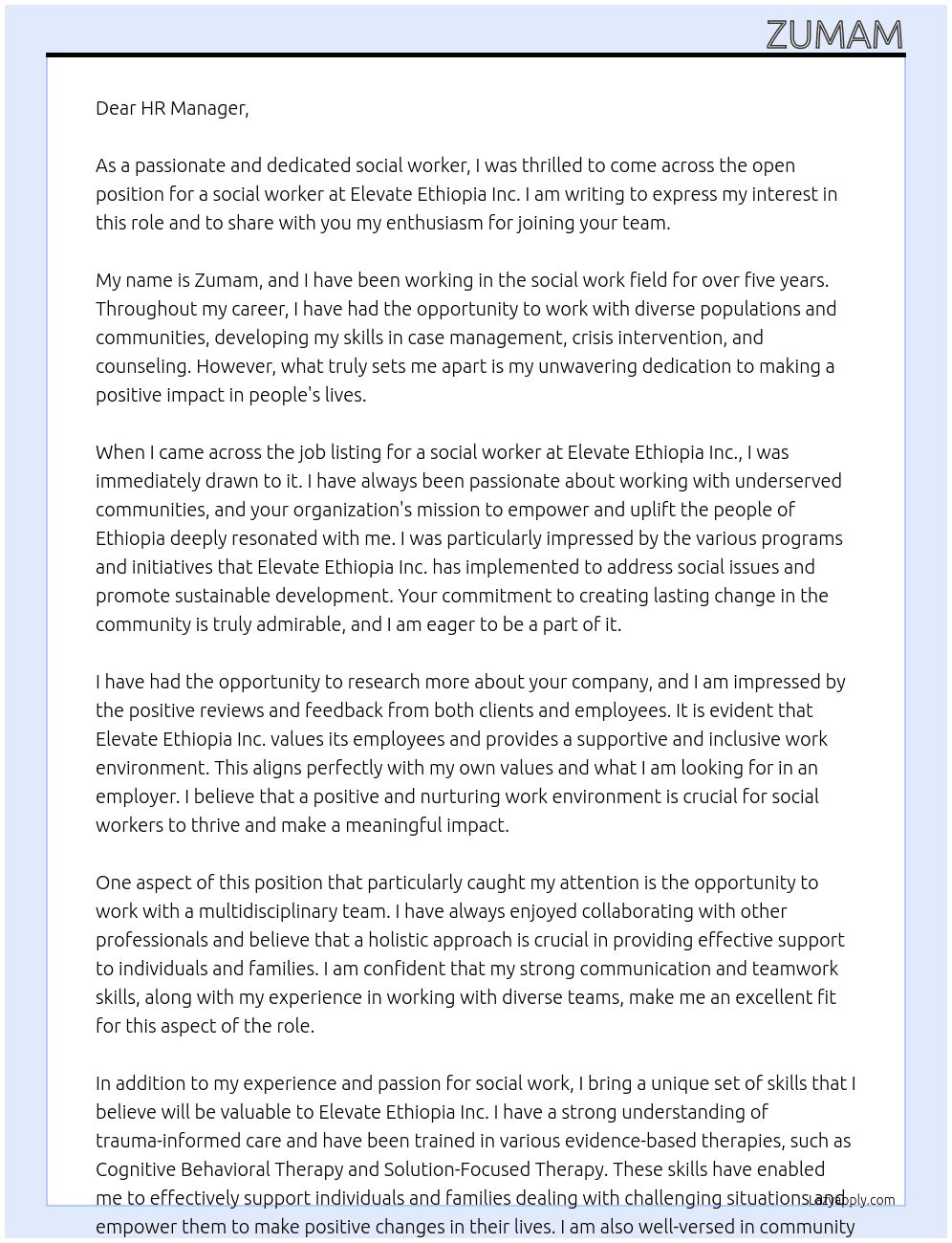 social worker  At elevate ethiopia inc Cover Letter