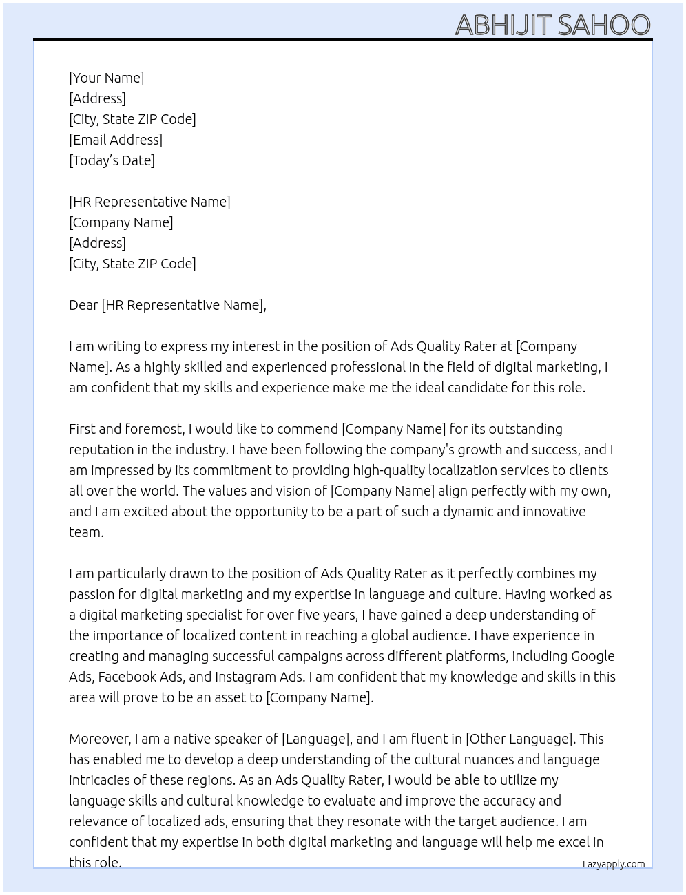 ads quality rater At we localize Cover Letter