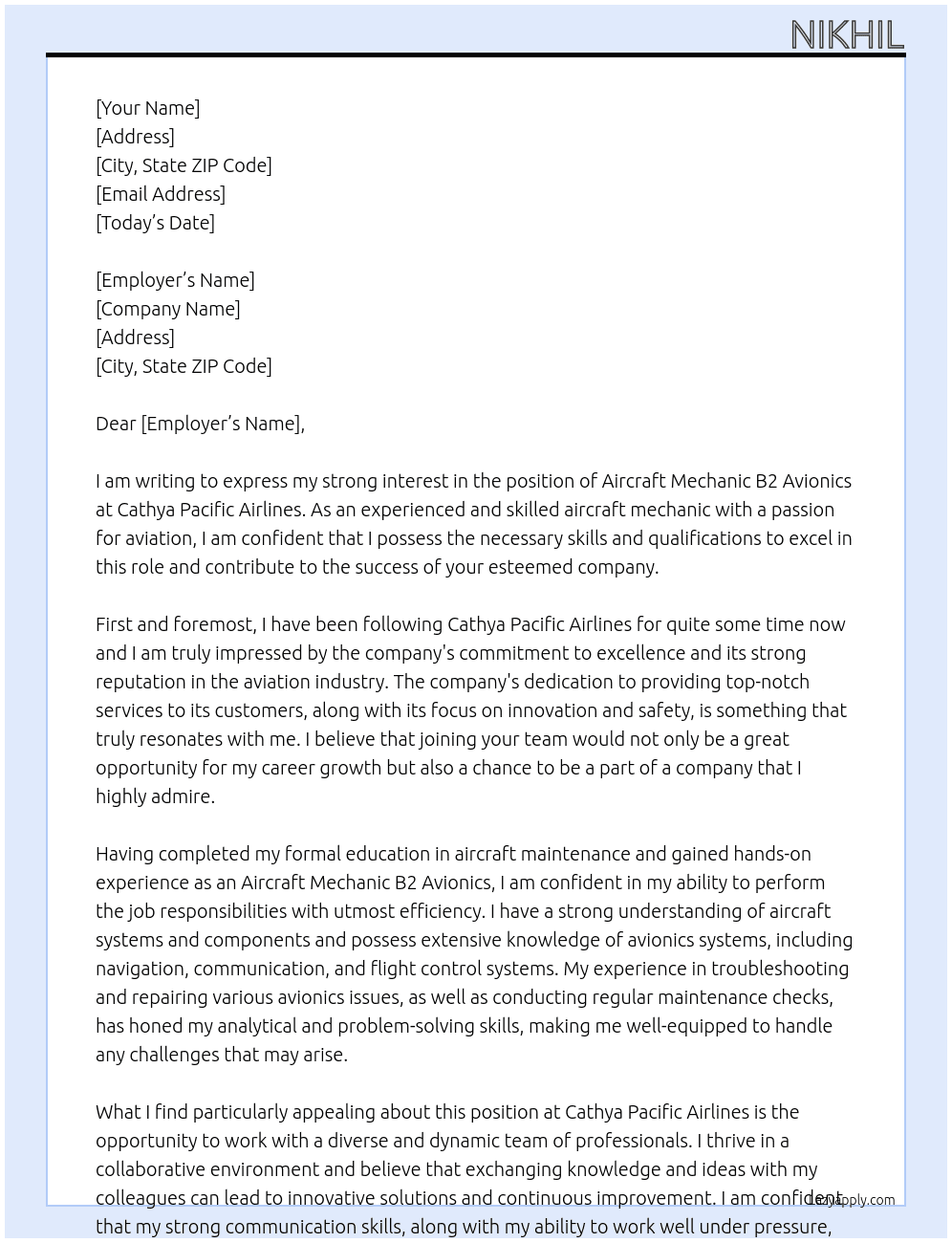 Aircraft Mechanic B2 Avionics  At Cathya Pacific Airlines  Cover Letter