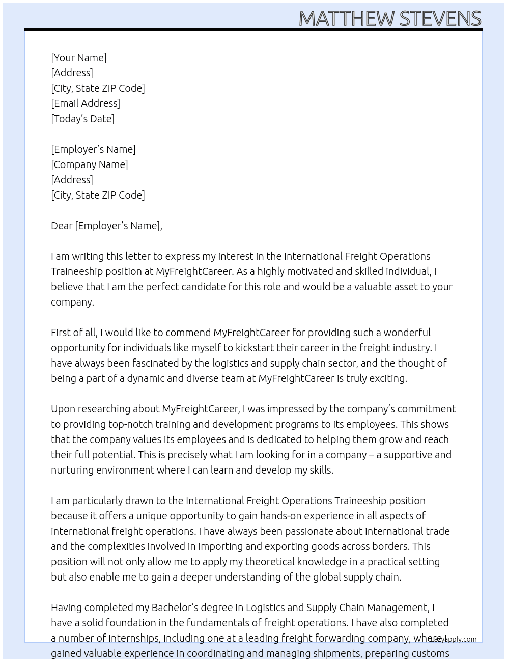 International Freight Operations Traineeship At MyFreightCareer Cover Letter