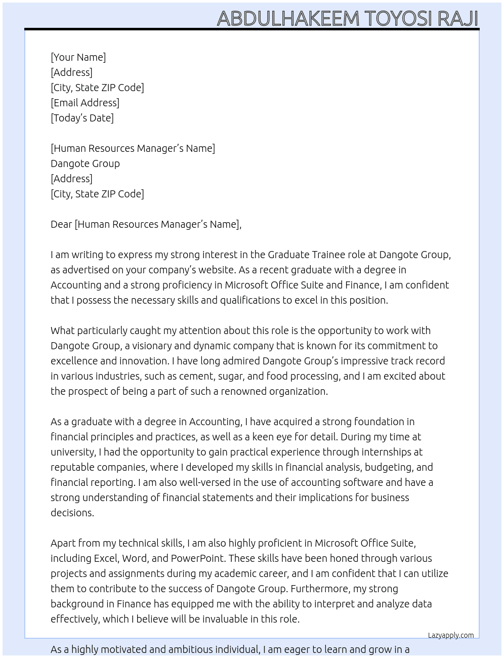 Graduate Trainee At Dangote Group Cover Letter