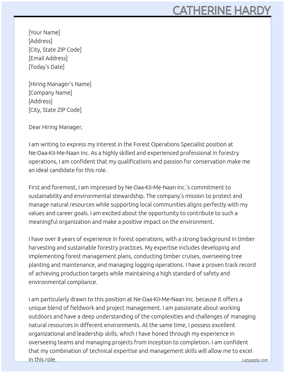 Cover letter for forest operations specialist - LazyApply