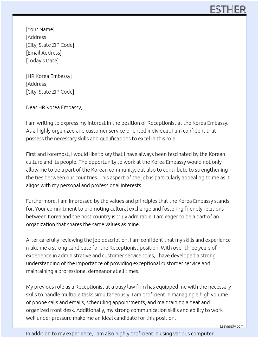 Receptionist At Korea Embassy Cover Letter