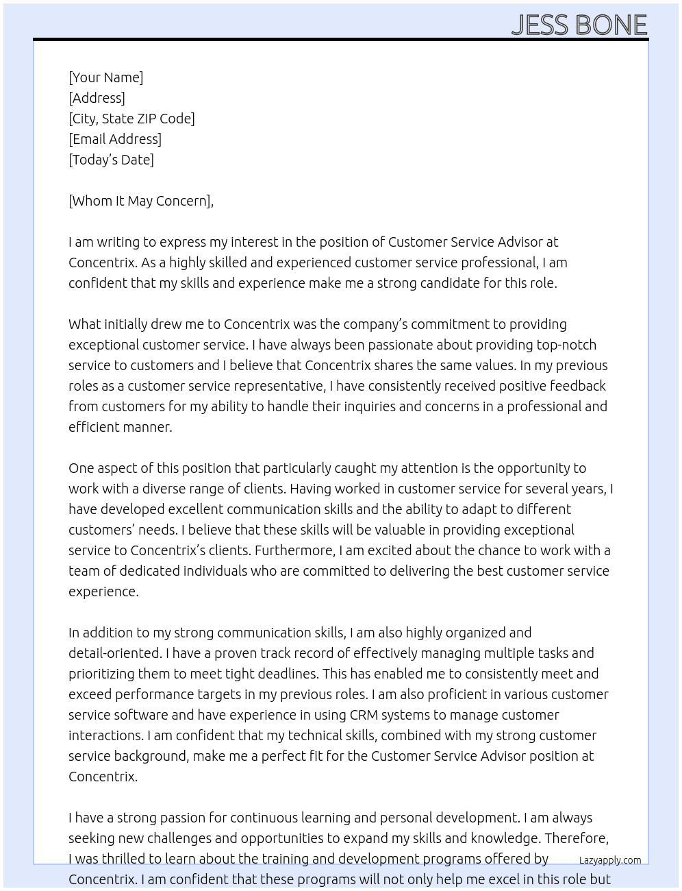Customer Service Advisor At Concentrix  Cover Letter