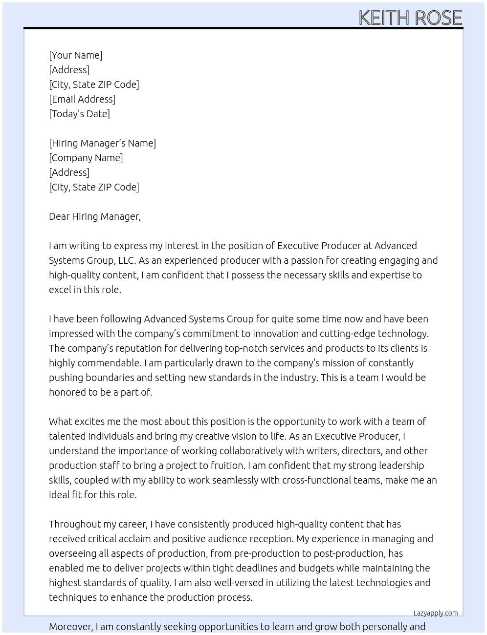 executive producer At ADVANCED SYSTEMS GROUP, LLC Cover Letter