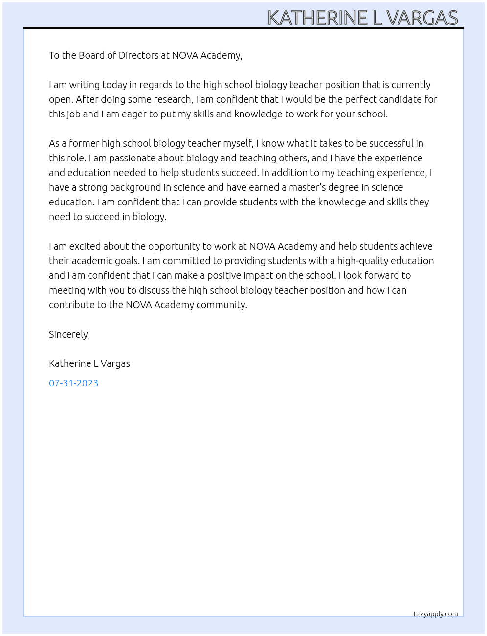 High school biology teacher At NOVA Academy Cover Letter