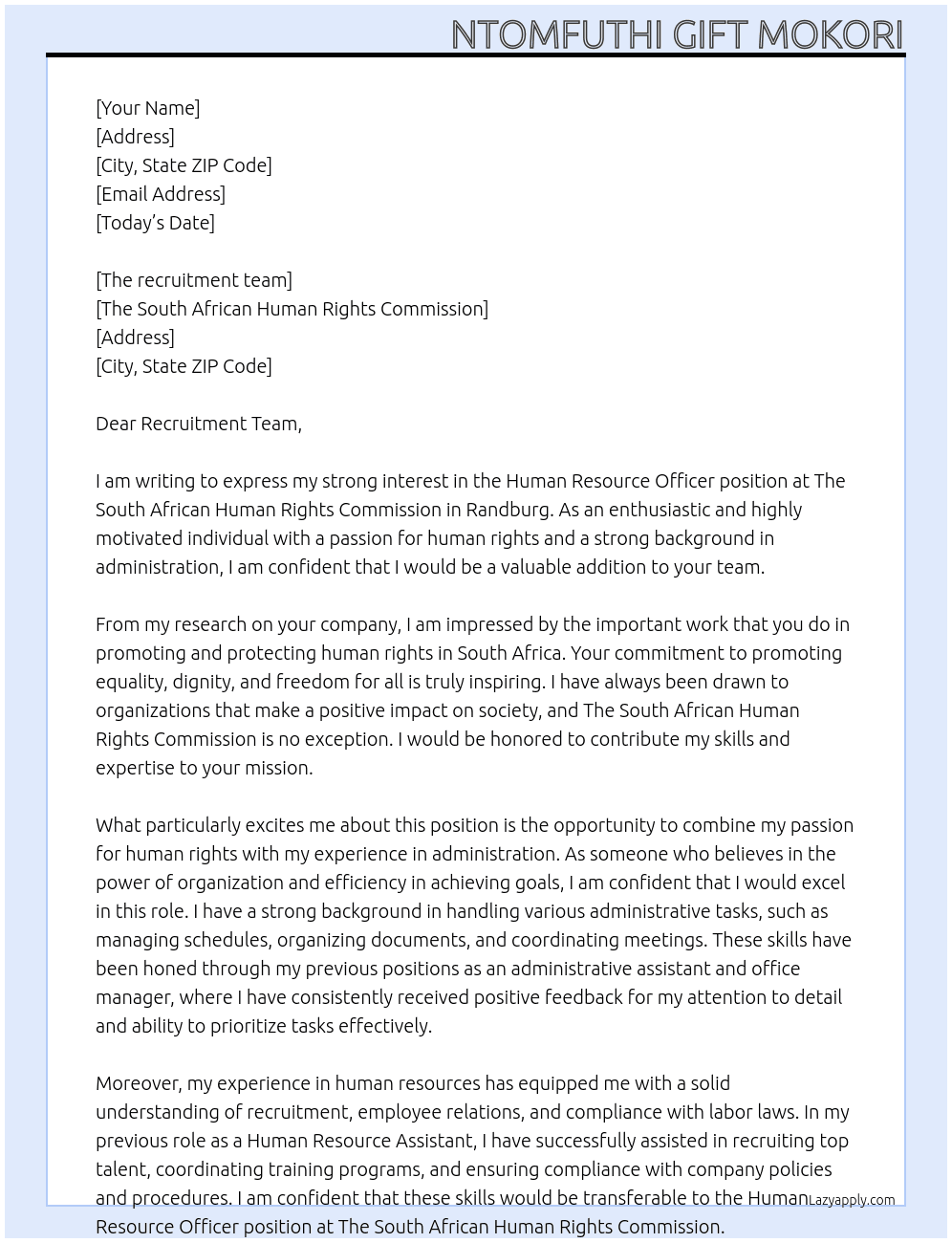 Human Resource Officer At The South African Human Rights Commision Cover Letter