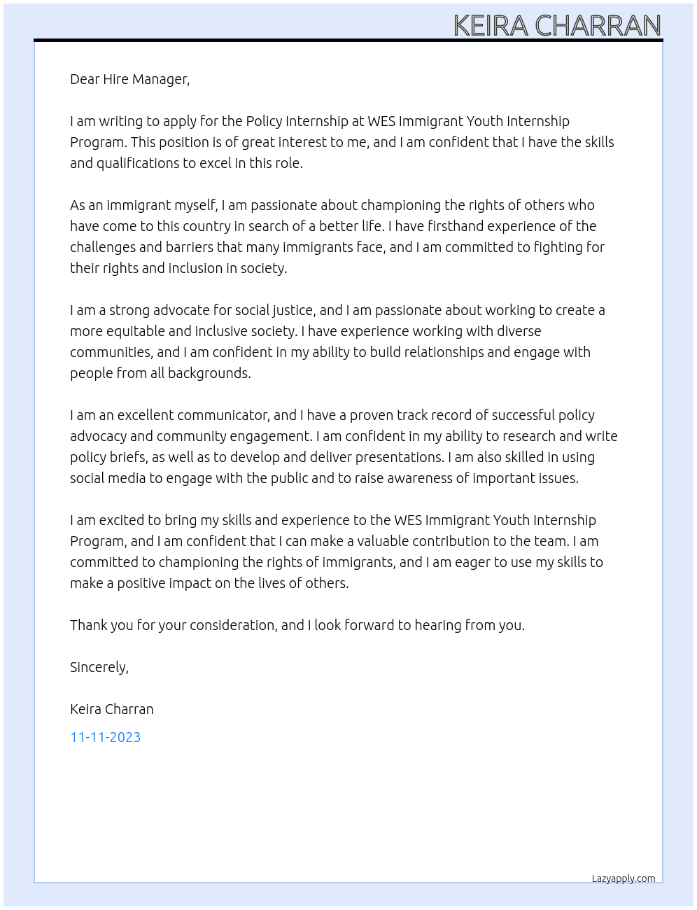 Policy Internship At WES Immigrant Youth Internship Program Cover Letter