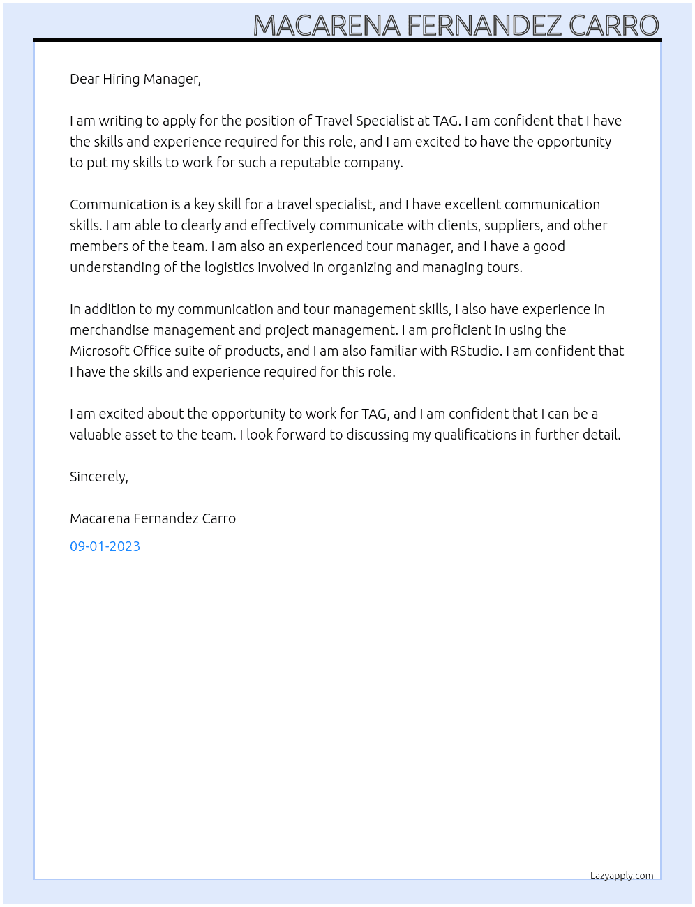 Travel specialist  At TAG Cover Letter
