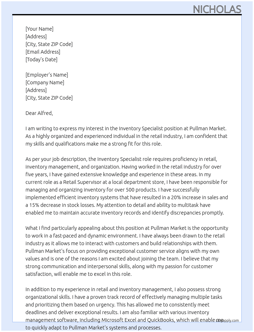 Inventory Specialist At Pullman Market Cover Letter