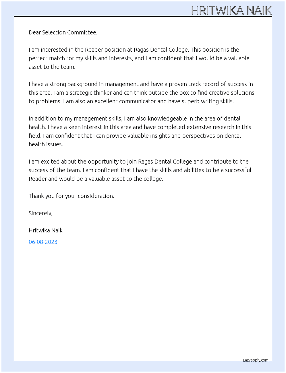 reader At ragas dental college Cover Letter