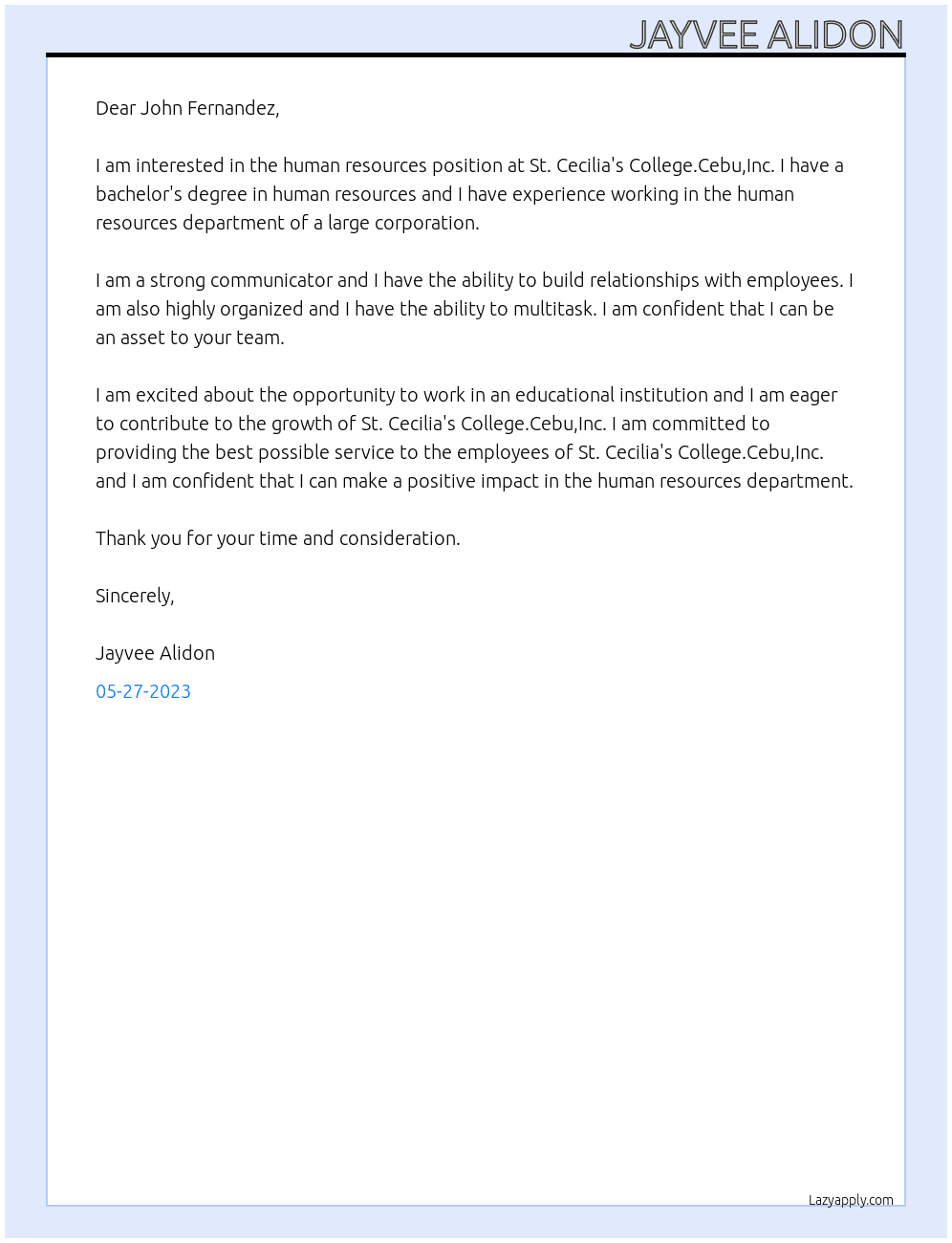 Human resources  At St. Cecilia's College.Cebu,Inc  Cover Letter