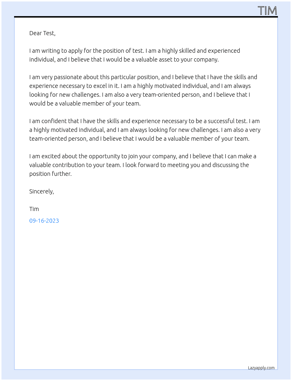 test At Test Cover Letter