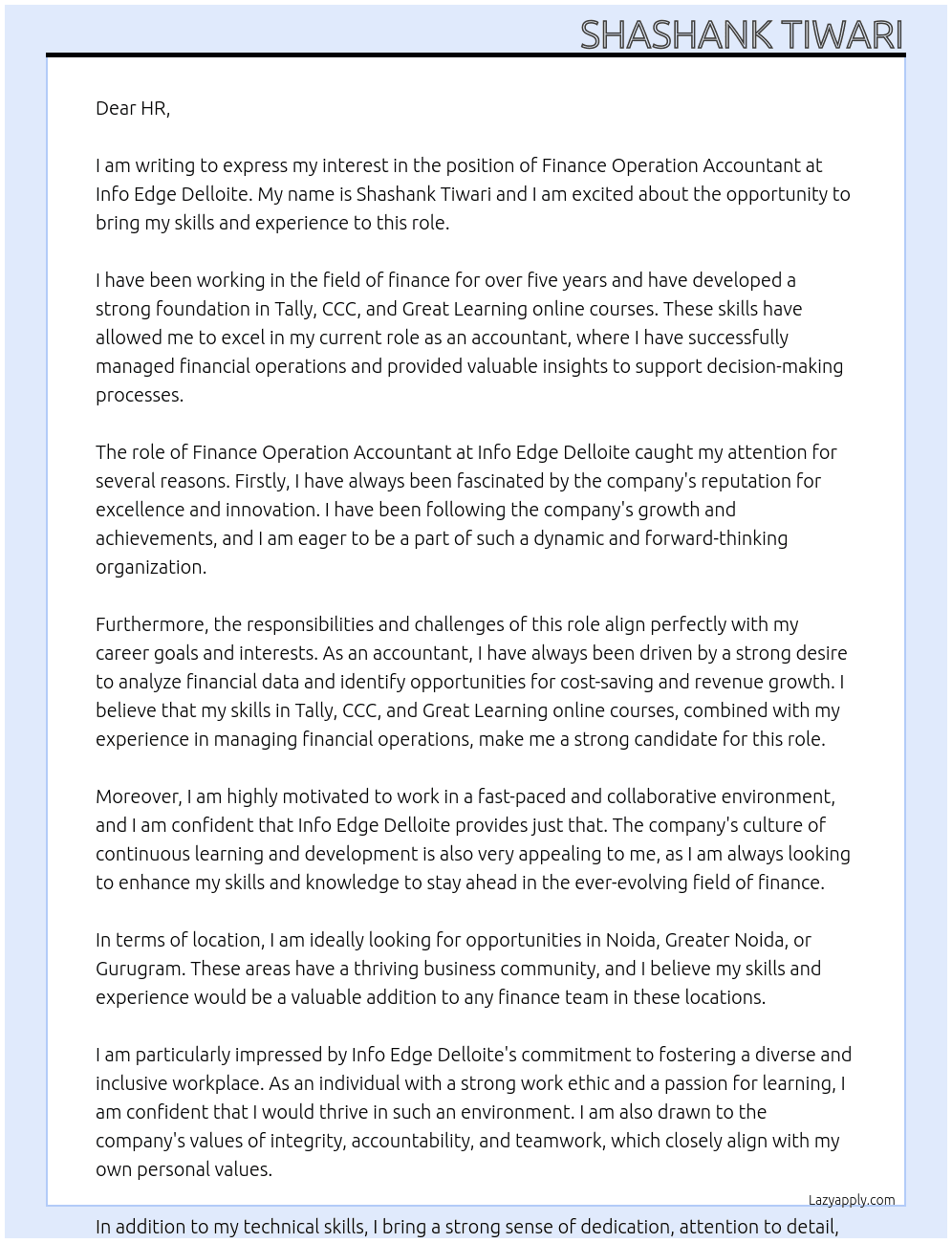 Finance operation accountant At Info edge Delloite  Cover Letter