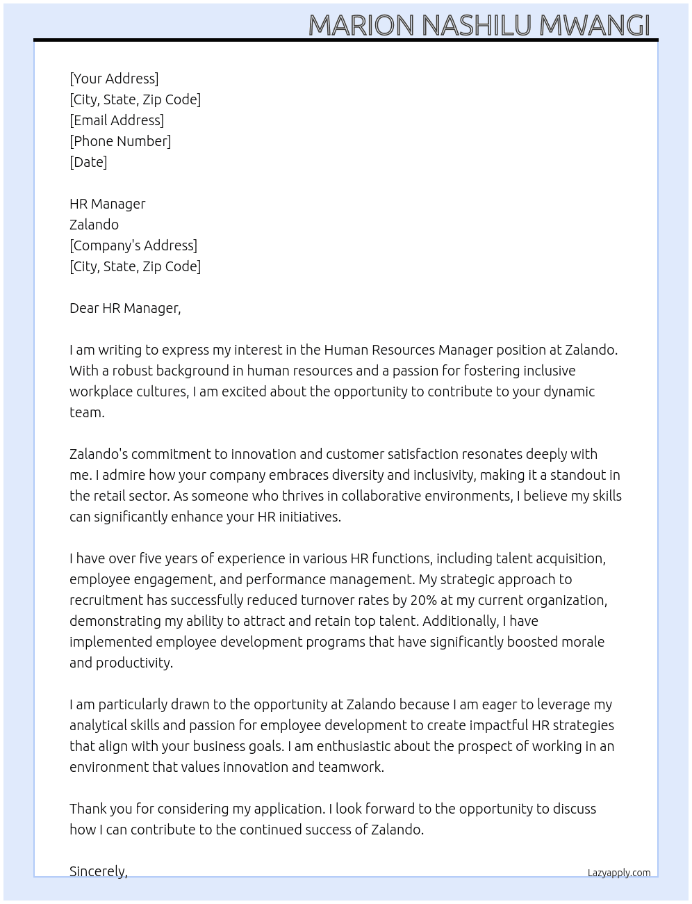 Cover letter for human resources manager nager - LazyApply