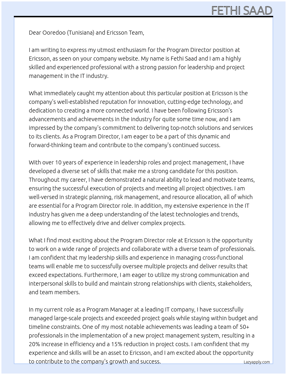 Program Director At Ericsson Cover Letter