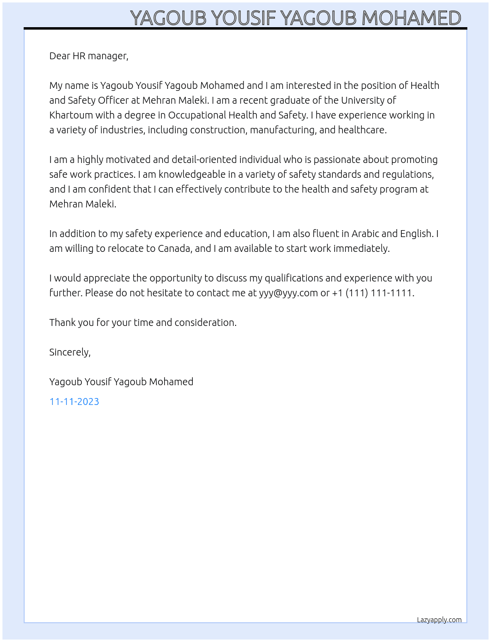 Health and safety Officer  At Mehran Maleki Cover Letter