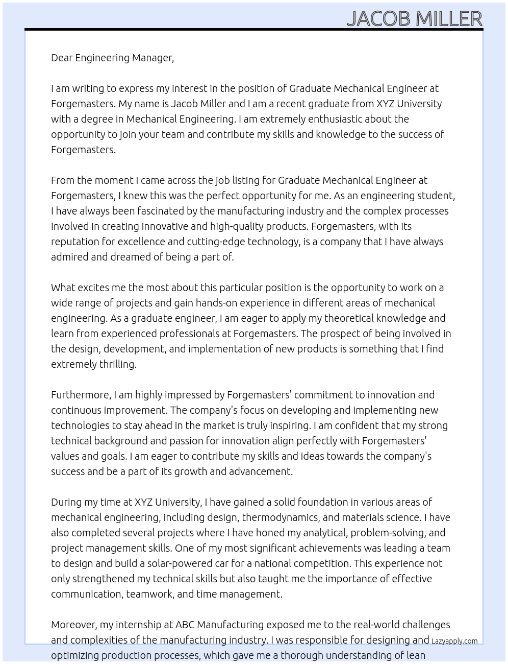 Graduate Mechanical Engineer At Forgemasters Cover Letter