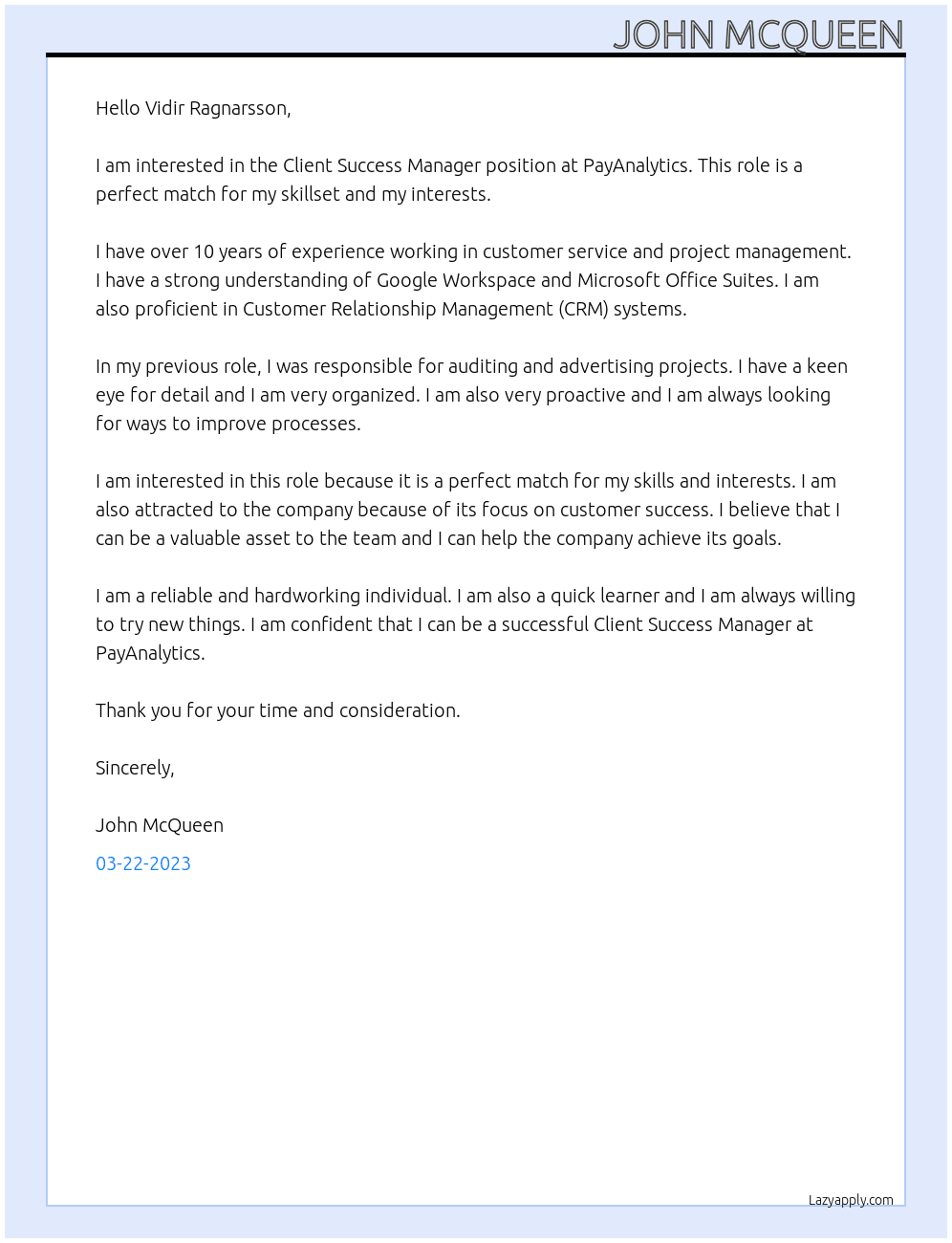 Client Success Manager At PayAnalytics Cover Letter
