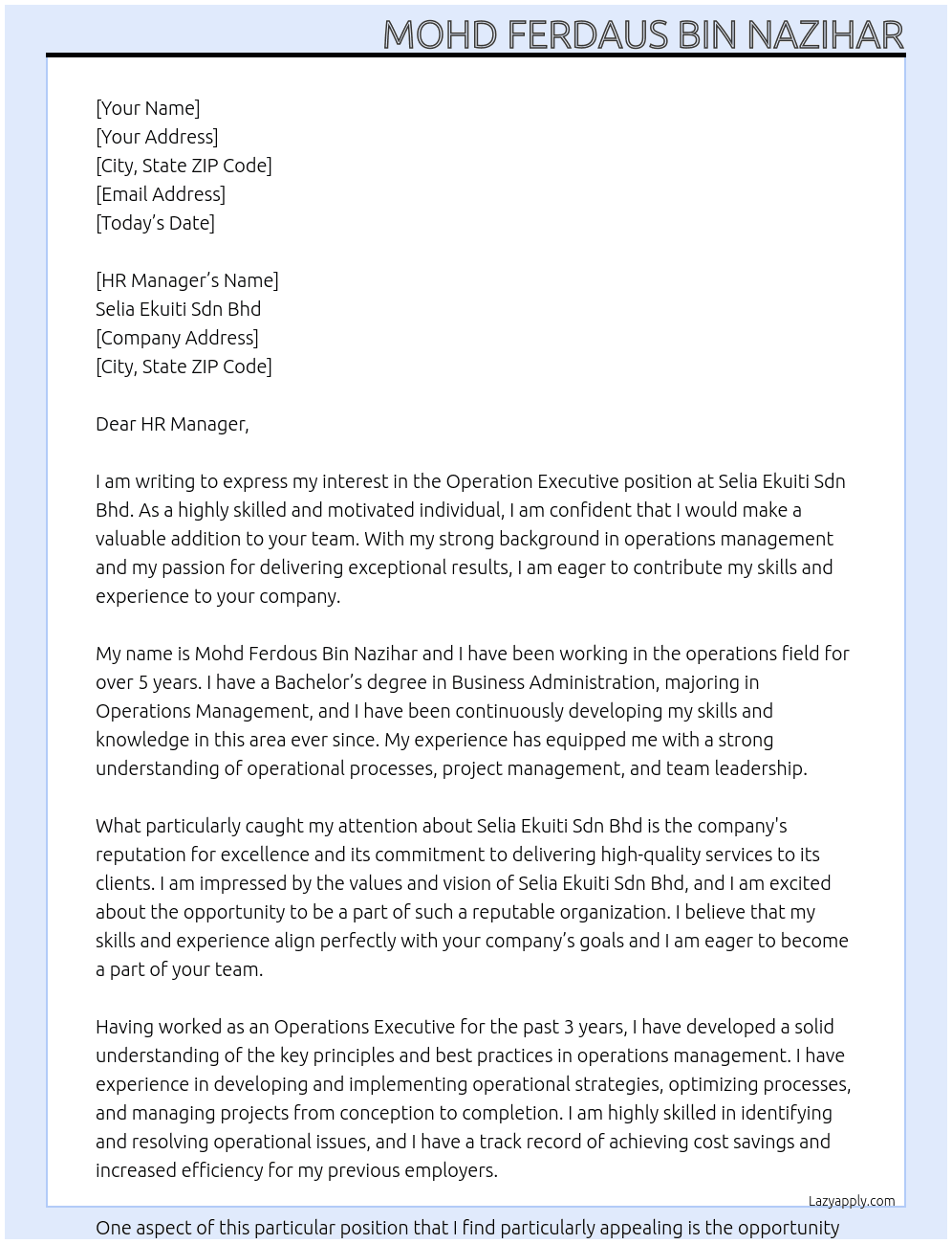 OPERATION EXECUTIVE At Selia Ekuiti Sdn Bhd Cover Letter