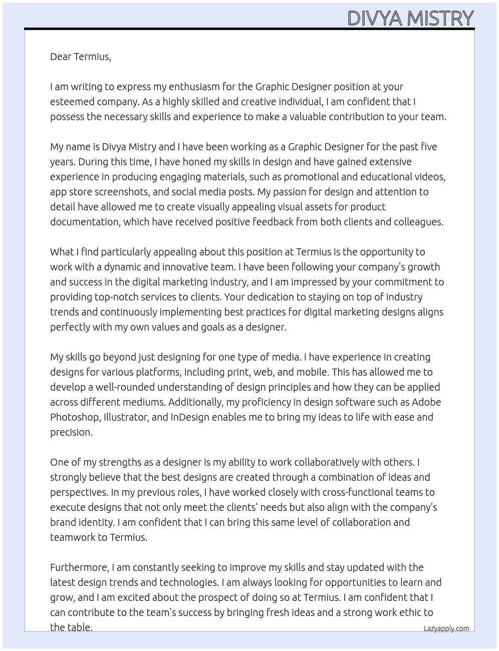 Graphic Designer At  Termius Cover Letter