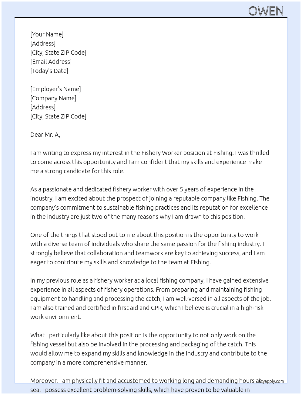 fishery worker  At fishing Cover Letter