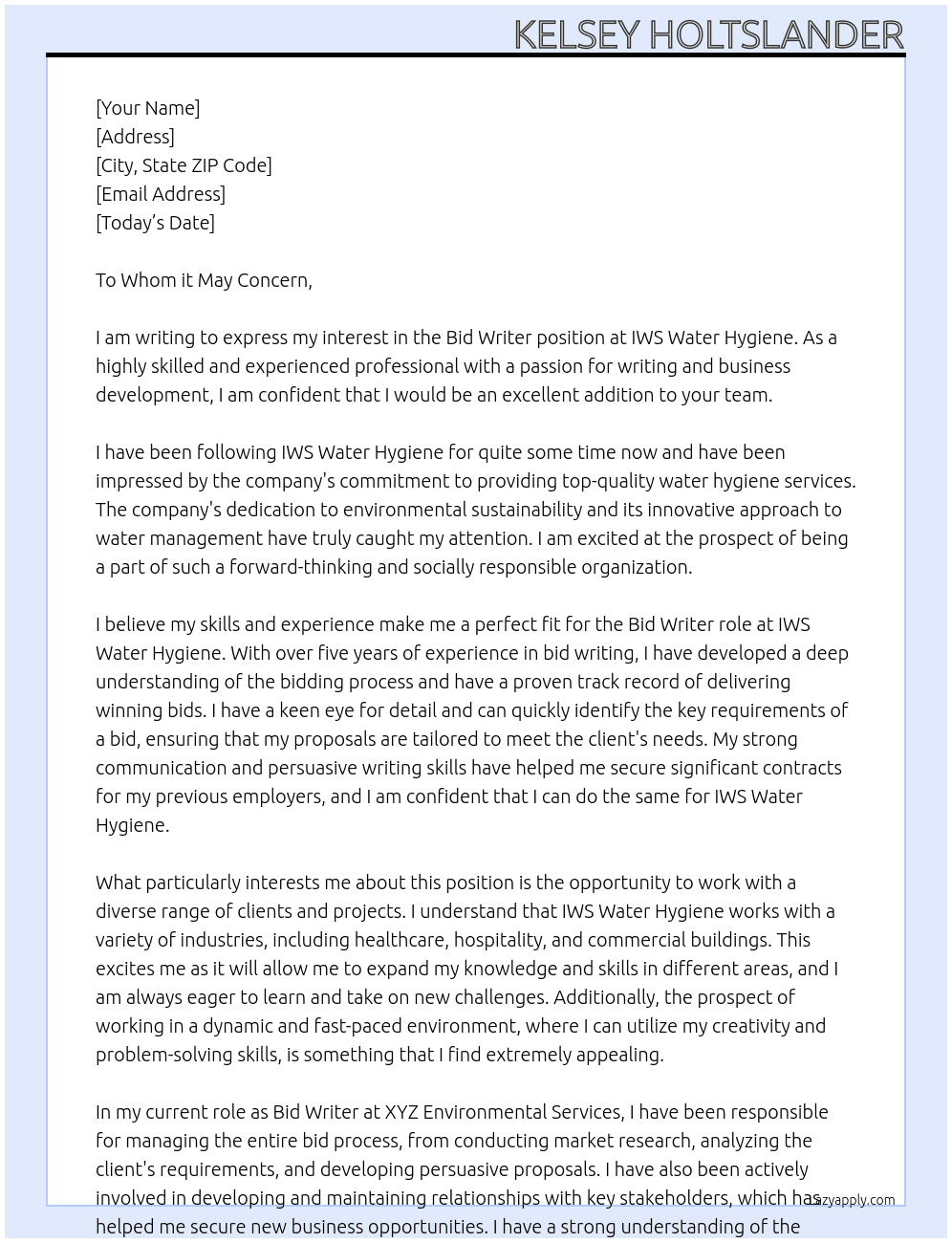 Bid Writer At IWS Water Hygiene Cover Letter