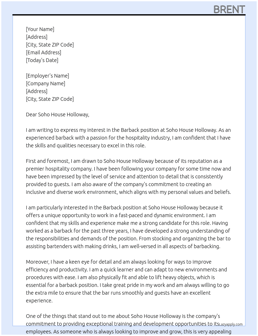 Barback At Soho House Cover Letter